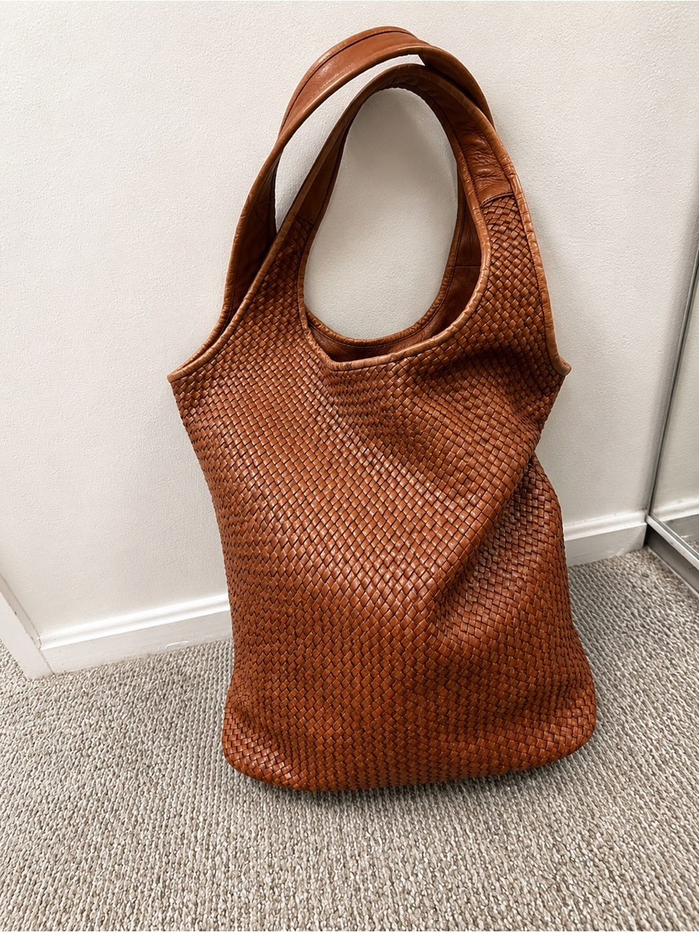 Handmade Genuine Leather Hobo Tote Bag oversize, Cognac Brown, pre-owned. - Picture 3 of 16
